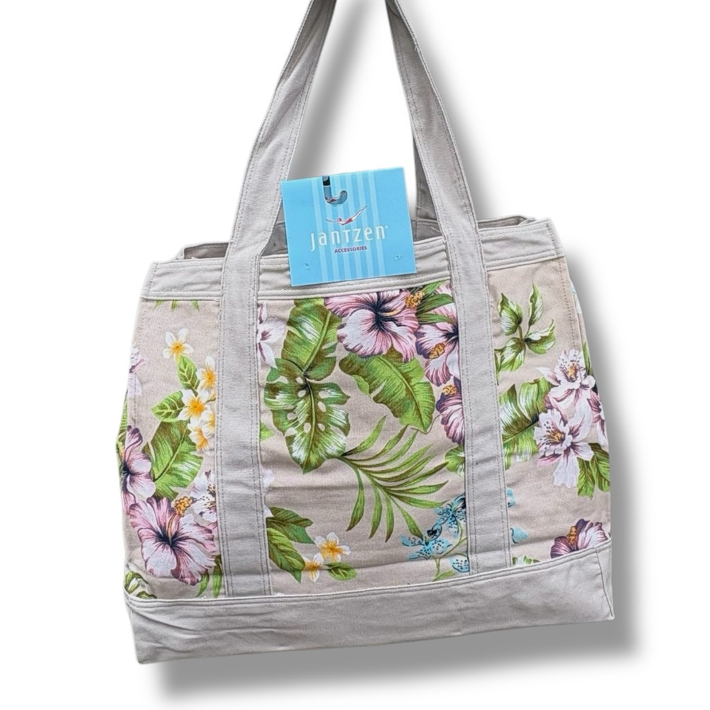 Jantzen Taupe Tropical Floral Canvas Beach Travel Tote Bag - Picture 5 of 7